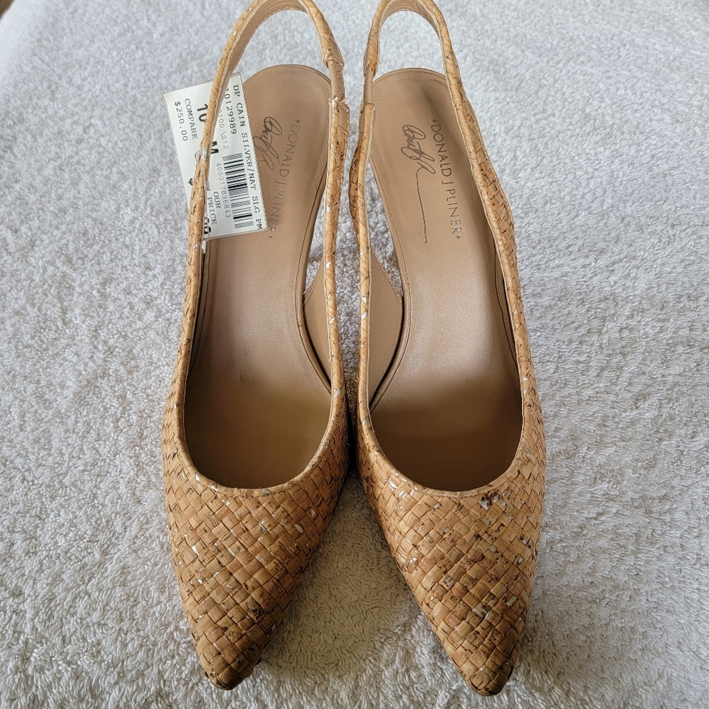Donald Pliner Sand & Silver Woven Sling Back Heels
